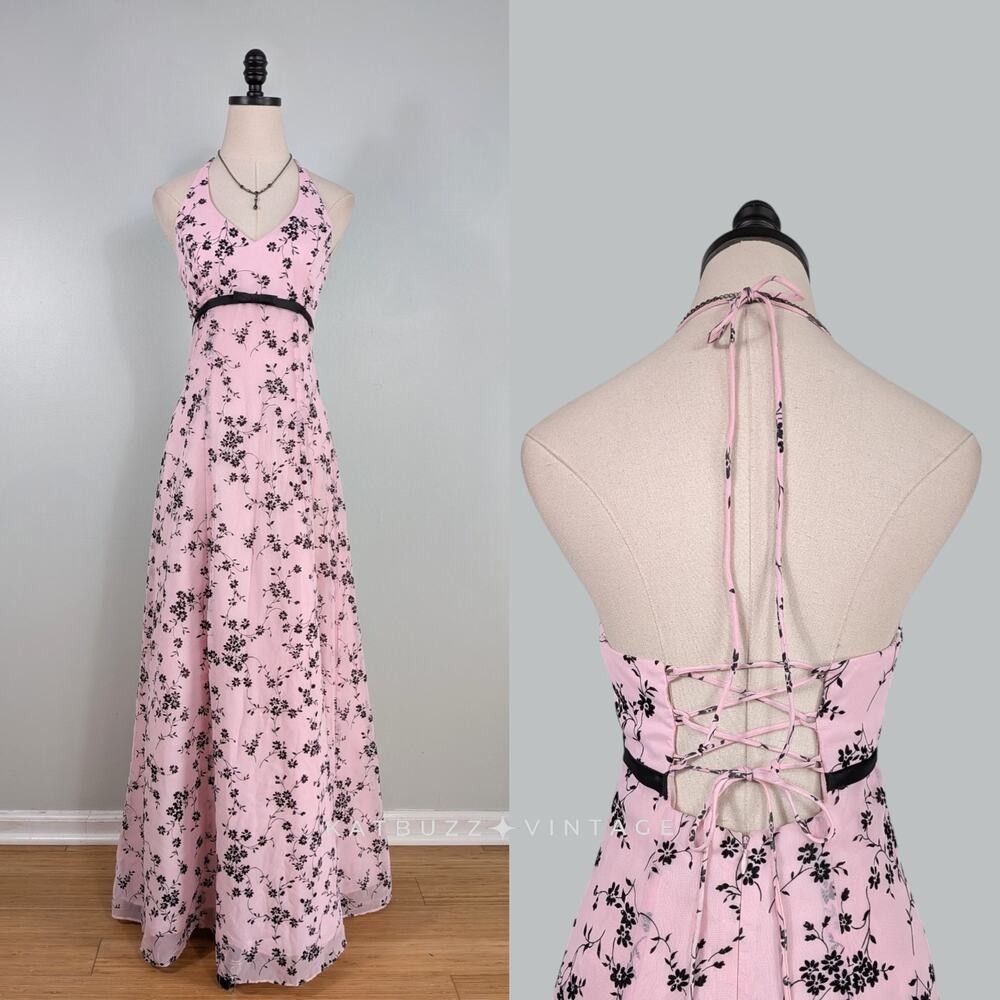 Vintage Nites Prom Dress Maxi 8 Pink Black Babydoll Y2K Corset Floral Coquette